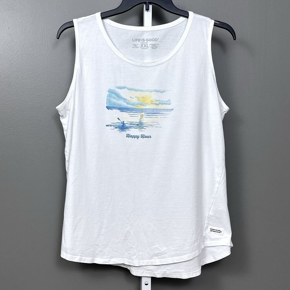 Life is Good Crusher Tank Top Women's XXL White Happy Hour Kayak Canoe Cotton